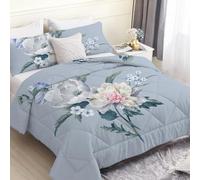 Gray-Blue Floral King Size Duvet, Reversible Coverless Plant Branches Duvet King Size, Anti Allergy Bed Quilt King 7.5 Tog for All Seasons - 1 Soft Comforter Bedding with 2 Pillowcases