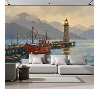Gray-Blue Wallpaper Mural Harbors Landscape Docks Fishing Boats Lighthouses 3D Silk Fabric Walls Mural Photo Wallpaper, Art Print Decor for Living Room Kids' Bedroom Photo Wall Decoration 450x315cm