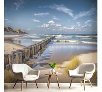 Gray Blue Wooden Piles On The Beach Photo Wallpaper Mural,Ocean Scenery 3D Large Wall Murals Hd Printing Decoration Poster Picture Design for Bedroom Living Room Home,200X140Cm