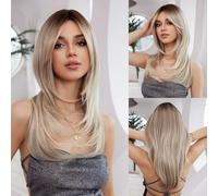Gray Brown Ombre Wig with Bangs Natural Straight Medium Length Wigs for Women Heat Resistant Synthetic Fiber Wigs for Daily Cosplay
