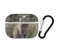 Gray Cat in Flower Field AirPod Pro Case, Anti Scratch Hard PC Cover with Keychain, AirPod Pro 2nd/1st Case Accessories for Women Men, White-Style