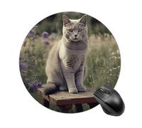 Gray Cat in Flower Field Mouse Pad - Ultra Thin, 7.8 Inch Round Mousepad with Non-Slip Rubber Base, Waterproof Mouse Mat for Office, Gaming
