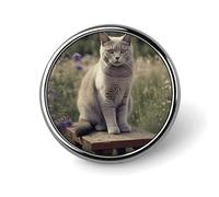 Gray Cat in Flower Field Round Badge for Men Women, Durable & Stylish Lapel Pins, Lightweight Metal Badges for Shirts, Jackets, Hats
