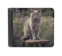 Gray Cat in Flower Field Wallet Passcase for Men, Extra Capacity Bifold Leather Wallets with ID Windows, Slim Stylish Wallet for Gift, Blocking Money Clip for Cards, Coin Pouch