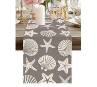 Gray Coastal Table Runner 13 x 120 Inch, Starfish Shell Ocean Nautical Washable Cotton Linen Dining Table Runner Tabletop Decorations for Restaurant Home Kitchen Party