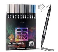 Gray Duo Tip Marker Pens, 12 Pack Fine & Brush Markers for Adult Colouring Books No Bleeding, Neutral Gray Markers for Shading, Urban Sketches, Architectural Drawings and Realistic Textures