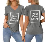 Gray Find A Gift Personalised T-Shirts for Women Summer Tops with Custom Front & Back Print Create Your Own Text & Image T-Shirt V Neck Blouse Customised Pullover Jumper