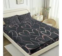 Gray Fitted Sheet Bedding Set, Minimalist Modern Heart Durable Microfibre for Busy Households, Quick Dry & Cosy, Double (53" x 75"), 30cm Deep Fit + 2 Pillowcases