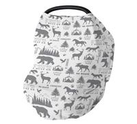 Gray Forest Animals Baby Car Seat Covers Deer Bear Horse Fox Trees Mountain Stretchy 5-in-1 Cover Adjustable Car Canopy Cover Camping Adventure Breathable Nursing Cover-Up