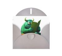 Gray Greeting Card DLXW Green monster reading a book Pattern for Christmas, Children's Birthday, Valentine's Day, Wedding Anniversary & Party Invitation