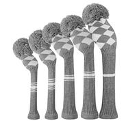 Gray Grids Golf Head Covers for Woods 5 PCS Knit Golf Club Cover Driver Cover*1 Fairway Wood*2 Hybrid (UT)*2 Stain Resistant&Washable, with Fluffy Pom Poms