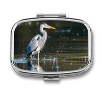 Gray Heron Print in Water Square Pill Box Travel Portable Pill Case 2 Compartment Medicine Metal Tablet Vitamin Holder Organizer for Purse Pocket