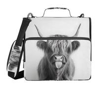 Gray Highland Cow Zipper Binder 3 Ring Binder with Shoulder Strap 500 Sheet Capacity Storage Organizer Trapper Keeper File Folder