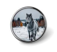 Gray Horse in Winter Landscape Snowy Wilderness Round Badge Cute Enamel Lapel Pin Brooches Button Pin Personalized Clothing Decoration Unisex Badge Holder Hats Bags Shirts Decor