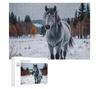 Gray Horse in Winter Landscape Snowy Wilderness Wooden Puzzles for Adults 300 PCS Unique Shape Puzzles Wall Art Home Decor for Puzzle Lovers, Family, Friend Creative Gift Toys