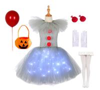 Gray Joker Girls Halloween LED Light Up Costume Tutu Dress Creepy Clown Kids Tulle Dress Carnival Party Cosplay Clothing 2-12Y Candy bag