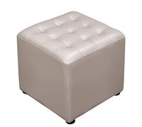 Gray Leather Upholstered Cube Pouf Ottoman Solid Wood Footstool Slish Square Coffee Table & Small Bench for Living Room 40x40x35cm (16x16x14inch)