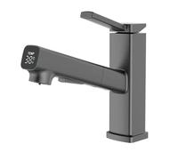 Gray LED Bathroom Faucet with Pull Out Sprayer - 3 Modes Single Handle Vessel Sink Tap for 1 or 3 Holes - Modern Bathroom Fixture with Color Changing Light
