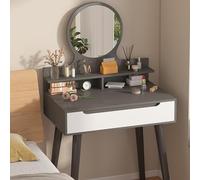 Gray Makeup Vanity with Round Mirror & Drawers, Space-Saving Makeup Desk for Small Rooms, Stylish Vanity Table for Beauty Essentials, Modern Design, Single Pump Size