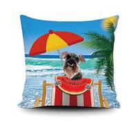 Gray Miniature Schnauzer Dog Eat Watermelon Throw Pillow Cover Happy Summer Beach Palm Tree Decorative Pillowcase x 45cmx45cm