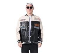 GRAY MONSTER Men's Racing Jacket Oversized Varsity Jacket Nascar Leather Bomber Jacket Women Unisex Casual Coats, White, 3XL
