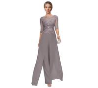 Gray Mother of The Bride Dresses Plus Size 2 Pieces Trouser Suits for Women UK Flowy Lace Chiffon Trouser Suits 12