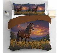 Gray Orange Single Duvet Cover Sets - Horses And Sunflower Fields Bedding Set Natural Scenery Soft Polyester Reversible Quilt Cover Easy Care Bed Linen Sets with 1 Pillowcases, 135x200cm, Gray Orange