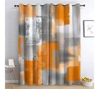 Gray-Orange Thermal Blackout Curtains for Bedroom & Living Room, Geometric Abstract Color Block Energy Saving Eyelet Door Curtains, Room Darkening Printed Window Treatment, 92x72 Inch