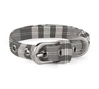 Gray Plaid Lines Dog Collar Adjustable Pet Collar Stainless Steel D-Ring Collar Oxford Cloth Cat Collar Strap with Metal Buckle for Small Medium Dog