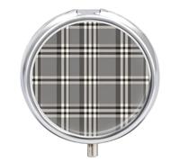 Gray Plaid Lines Pill Box 3 Compartment Small Pill Case with Mirror for Purse & Pocket Travel Medicine Organizer Daily Medication Container Portable Pillbox Metal Medicine Box Round Meds Case