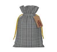 Gray plaid lines print Christmas bag, drawstring sack - fit holiday present packaging for family and friends