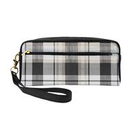 Gray Plaid Lines Printed Makeup Bag for Women Travel PU Leather Cosmetic Bag with Wristlet Toiletry Bag