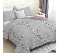 Gray Plum Blossom Pattern Single Duvet, Reversible Coverless Pink Branches Duvet Single, Anti Allergy Bed Quilt 7.5 Tog for All Seasons - 1 Soft Washable Comforter Bedding with 2 Pillowcases