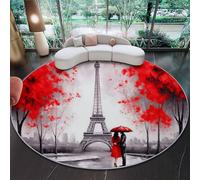 Gray Red Short Pile Round Rug 120cm, Carpet Living Room French Romantic Iron Tower pattern Area Rugs, Washable Non Slip Soft Carpets Bedroom Bathroom Decorations