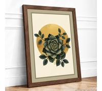 Gray Rose with Golden Circle Botanical Framed Wall Art Print A1 (84.1×59.4cm) Walnut, Wall Decor for Living Room, Bedroom, Office & Home, Ready to Hang, Art Gift