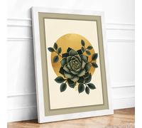 Gray Rose with Golden Circle Botanical Framed Wall Art Print A2 (59.4×42cm) White, Wall Decor for Living Room, Bedroom, Office & Home, Ready to Hang, Art Gift