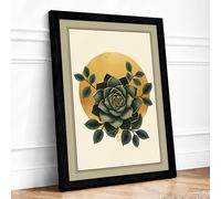 Gray Rose with Golden Circle Botanical Framed Wall Art Print A4 (29.7×21cm) Black, Wall Decor for Living Room, Bedroom, Office & Home, Ready to Hang, Art Gift