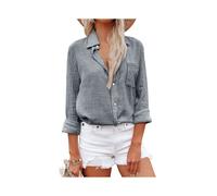(Gray, S) Elegant Cotton Linen Shirts Women Leisure Shirts Button Lapel Blusas Top Lady Loose Long Sleeve Oversized Shirt Casual T-Shirt