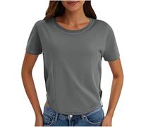 Gray Summer Short Sleeve Crop Tops Round Neck T Shirt Plain Tshirts Asymmetric Top Y2K Sports T Shirts Loose Casual Blouses for Going Out Gym Work Streetwear