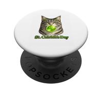 Gray tabby cat blowing green Bubble gum St. Catrick's Day PopSockets Adhesive PopGrip