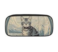 Gray Tabby Cat Pencil Case Waterproof Leather Pencil Pouch Multi-purpose Aesthetic Makeup Bag Cute Pen Bag Large Cosmetic Bag for Office Stationery, Travel