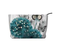 Gray Teal Flower Butterfly Corduroy Makeup Bag, Stylish and Durable, Portable and Lightweight
