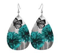 Gray Teal Flower Butterfly Earrings for Women Teardrop Leather Earring Double Sided Drop Dangle Earrings Lightweight Women's Ear Accessories Jewelry Fashion Birthday Gift