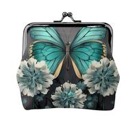 Gray Teal Flower Butterfly Full Double-Sided Printed Pattern Women's and Girls' Fashionable Leather Kiss Lock Coin Purse Card Bag
