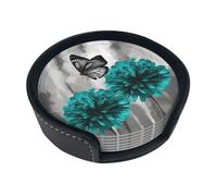 Gray Teal Flower Butterfly Leather Coasters for Drinks Round Coaster Set of 6 Drink Coasters Set with Holder Heat-Resistant Cup Mat for Tabletop Protection Tea Cup Coasters Home Decor