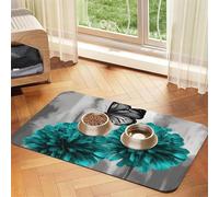 Gray Teal Flower Butterfly Pet Feeding Mat Absorbent Pu Leather Dog Cat Food Mats Contain Spills Protects Floors, Anti-Slip Rubber Backing Dog Bowl Mats Easy Clean Pet Placemats 30x45cm