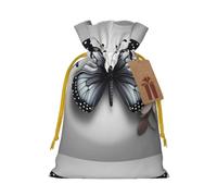 Gray Teal Flower Butterfly Print Drawstring Present Bag,Reusable Fabric Sack With Kraft Paper Hang Tag