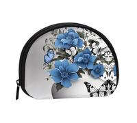 Gray Teal Flower Butterfly Print Portable Mini Storage Bag Shell Shaped Wallet Small Coin Wallet Shell Storage Bag