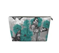 Gray Teal Flower Butterfly Prints PVC Leather Travel Toiletry Bag with Gold Zippers, Waterproof Cosmetic Organiser for Makeup, Toiletries & Essentials