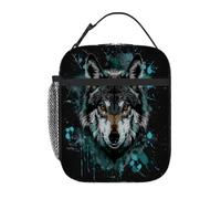 Gray Teal Wolf Face Kids Insulated Lunch Bag for Boys Girls, Leakproof Reusable Bento Tote Toddler Lunch Bag, Portable Thermal Cooler Lunchbox for School Picnic Travel Daycare
